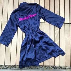 MAID OF HONOR Navy Satin & Pink Embroidered Robe